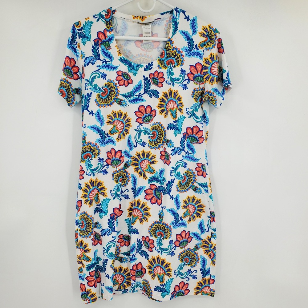 Tommy Bahama Floral T-Shirt Dress White Blue Orange Paisley Size‎ Medium Boho